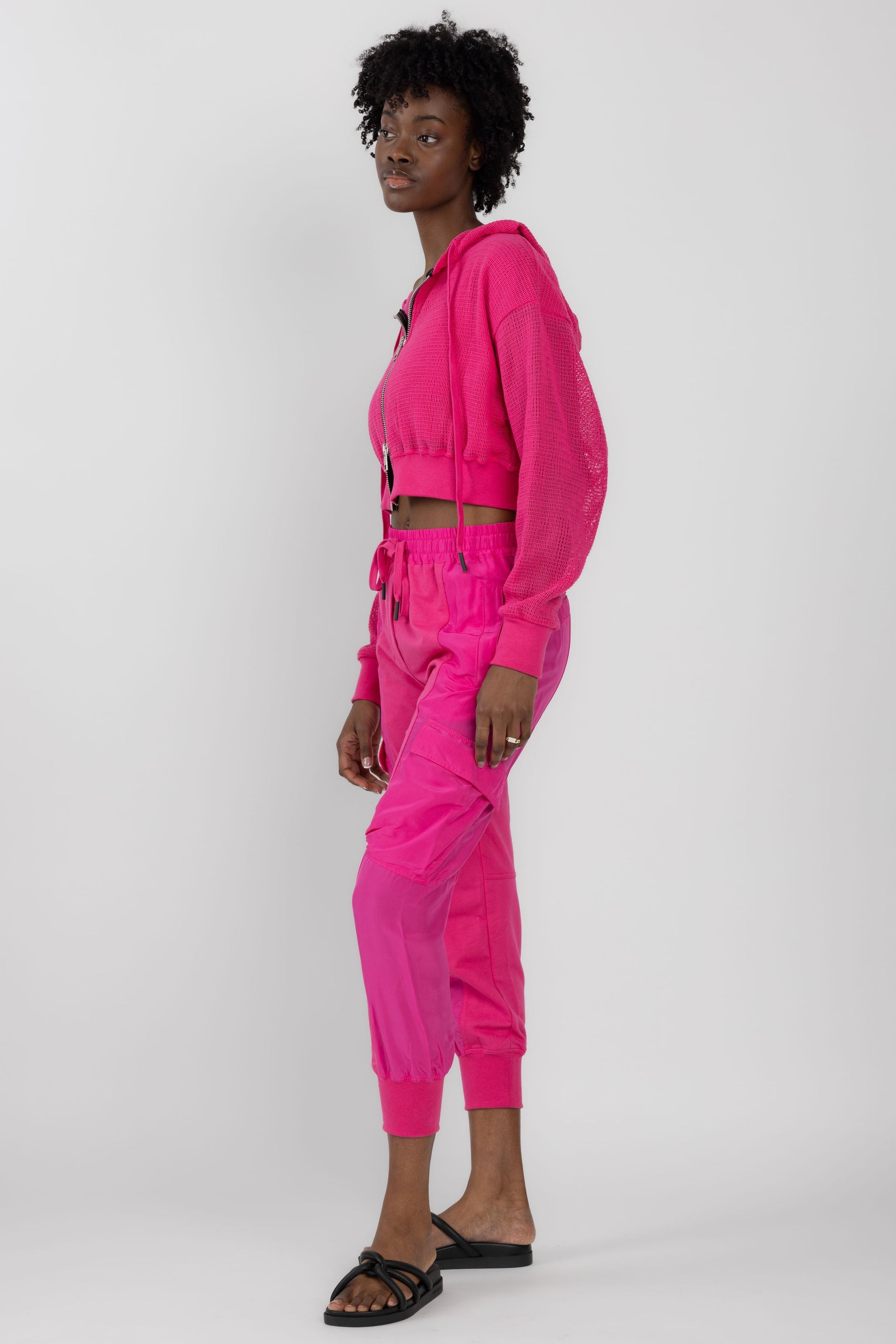 ANDREA YA'AQOV Mesh Zip Hoodie in Fucsia