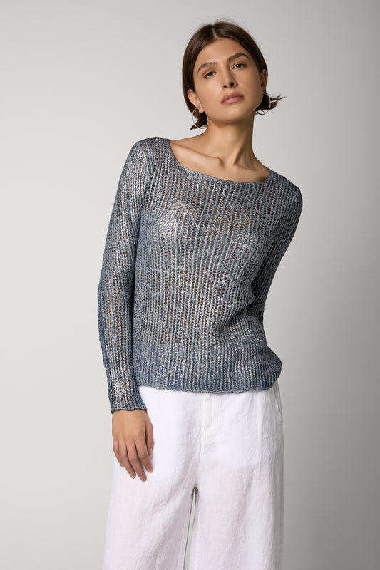Hand Painted Laminated Boat Net Net Cashmere Pullover in Titanium