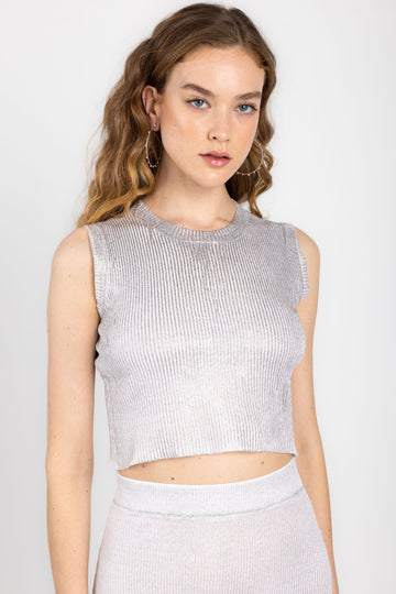 AVANT TOI Linen Cotton Ribbed Top with Lamination in Bianco