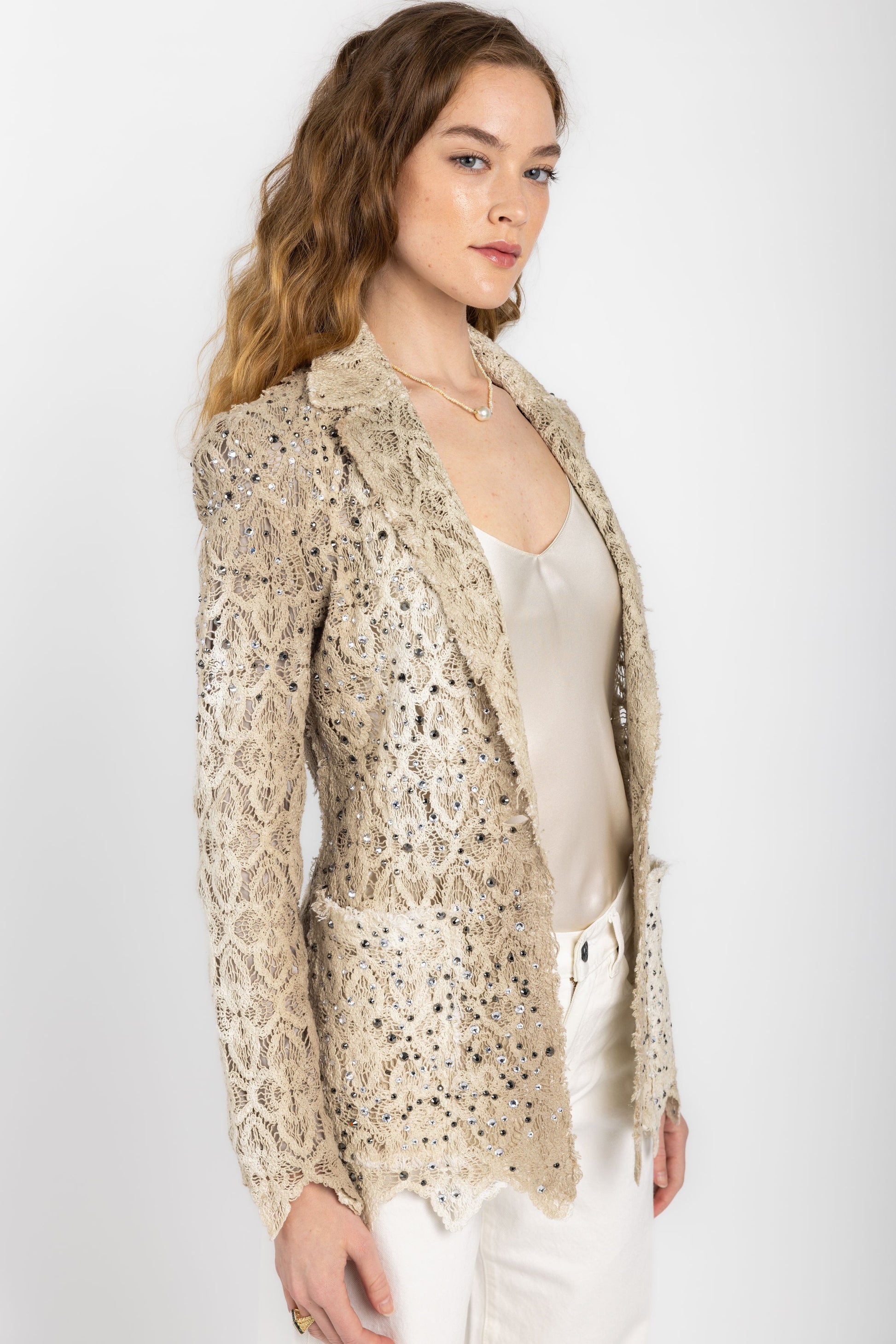 AVANT TOI Macramé Lace Blazer Jacket with Strass in Zenzero