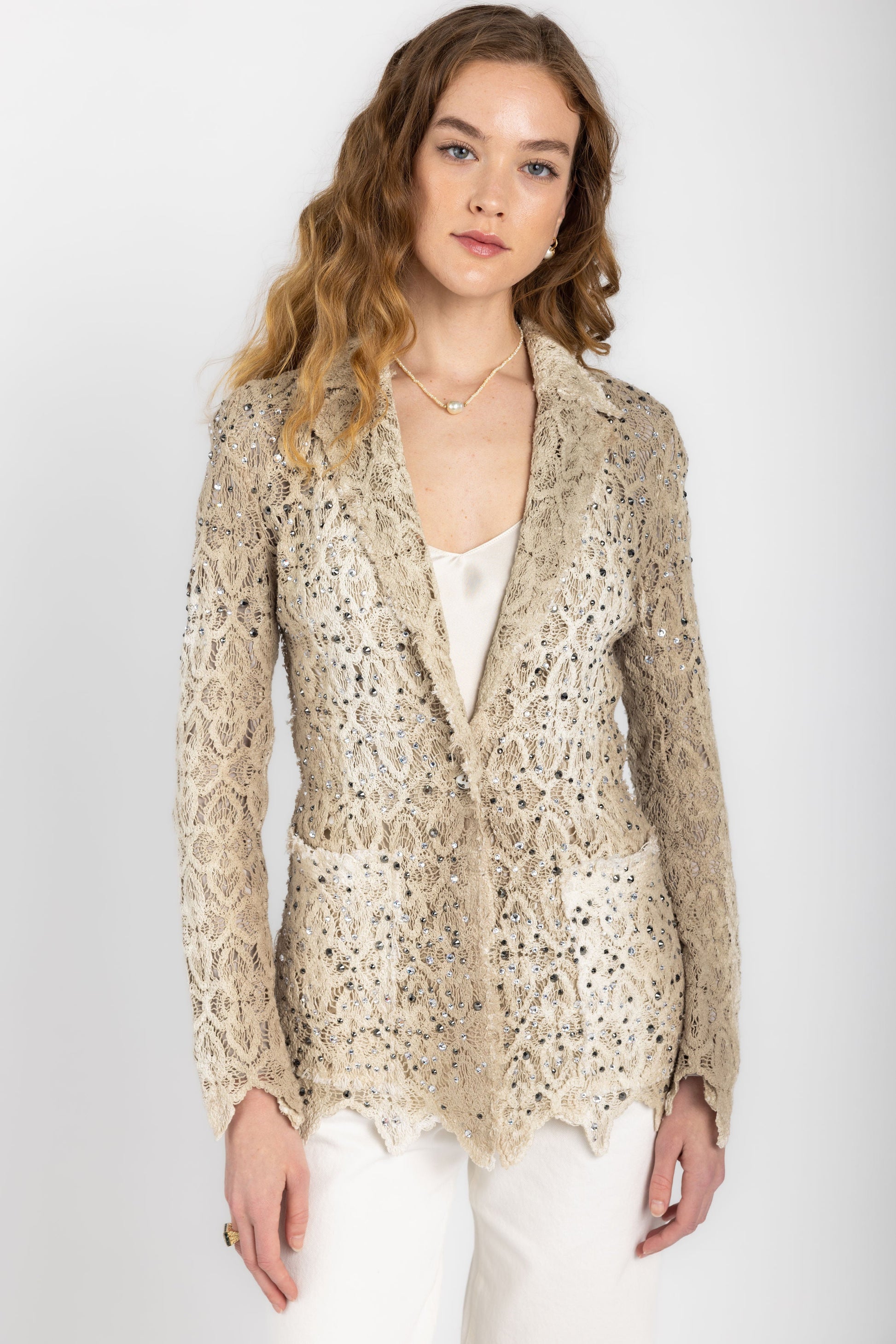 AVANT TOI Macramé Lace Blazer Jacket with Strass in Zenzero
