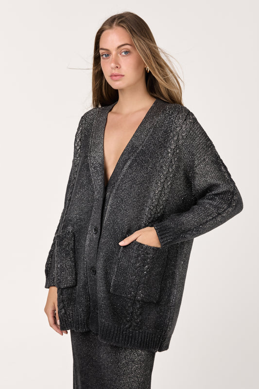 Star Dust Effect Long Raglan Cardigan in Nero