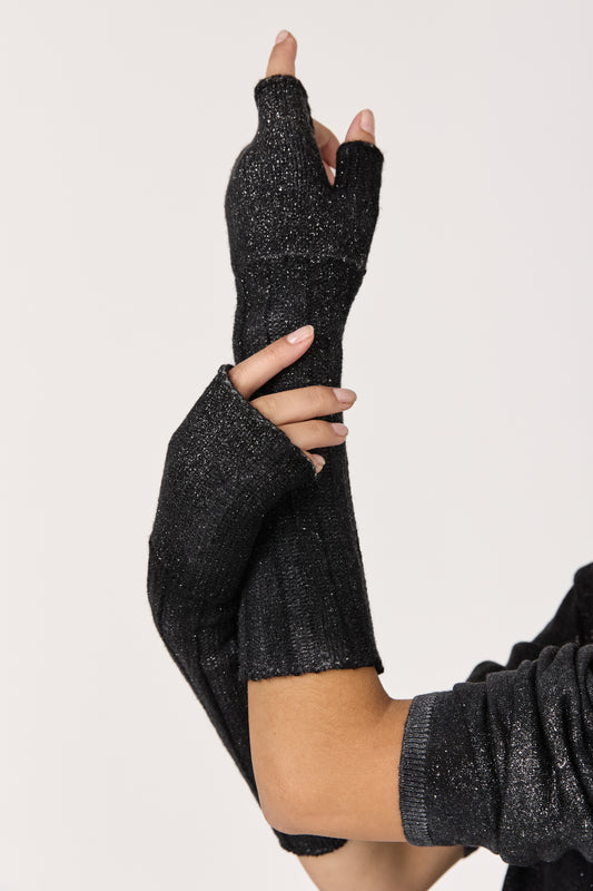 Star Dust Effect Long Ribbed Gloves in Nero