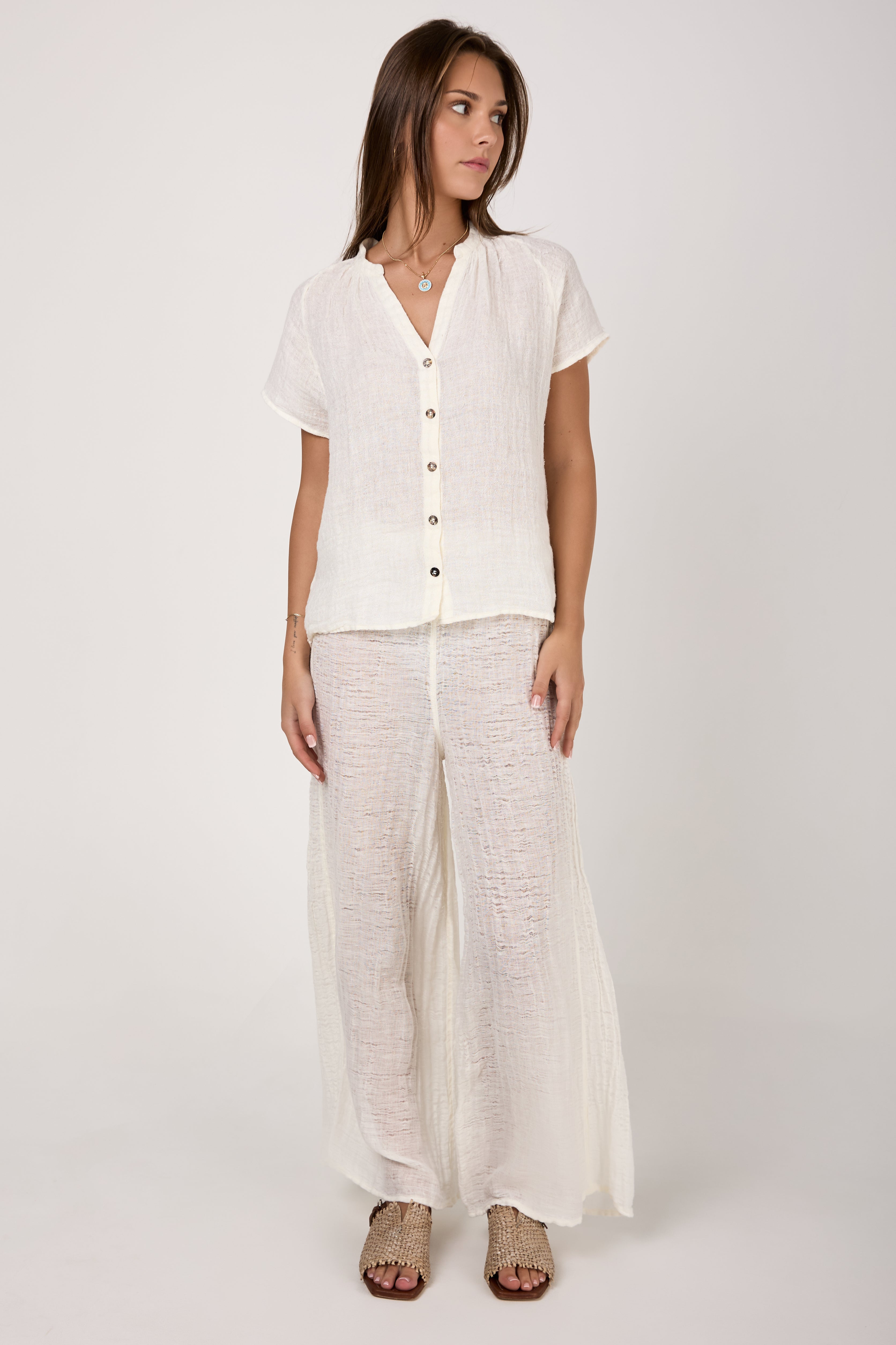 Camicia Primavera Increspato Linen Shirt in Latte