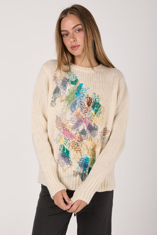 Cashmere Silk Pullover with Embroidery in Bianco