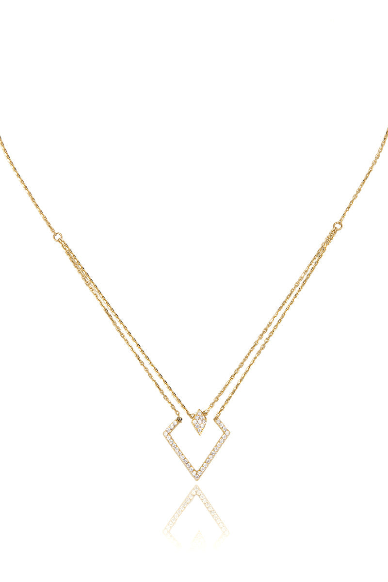 14k Gold Double Crystal Pavé Diamond Shape Necklace