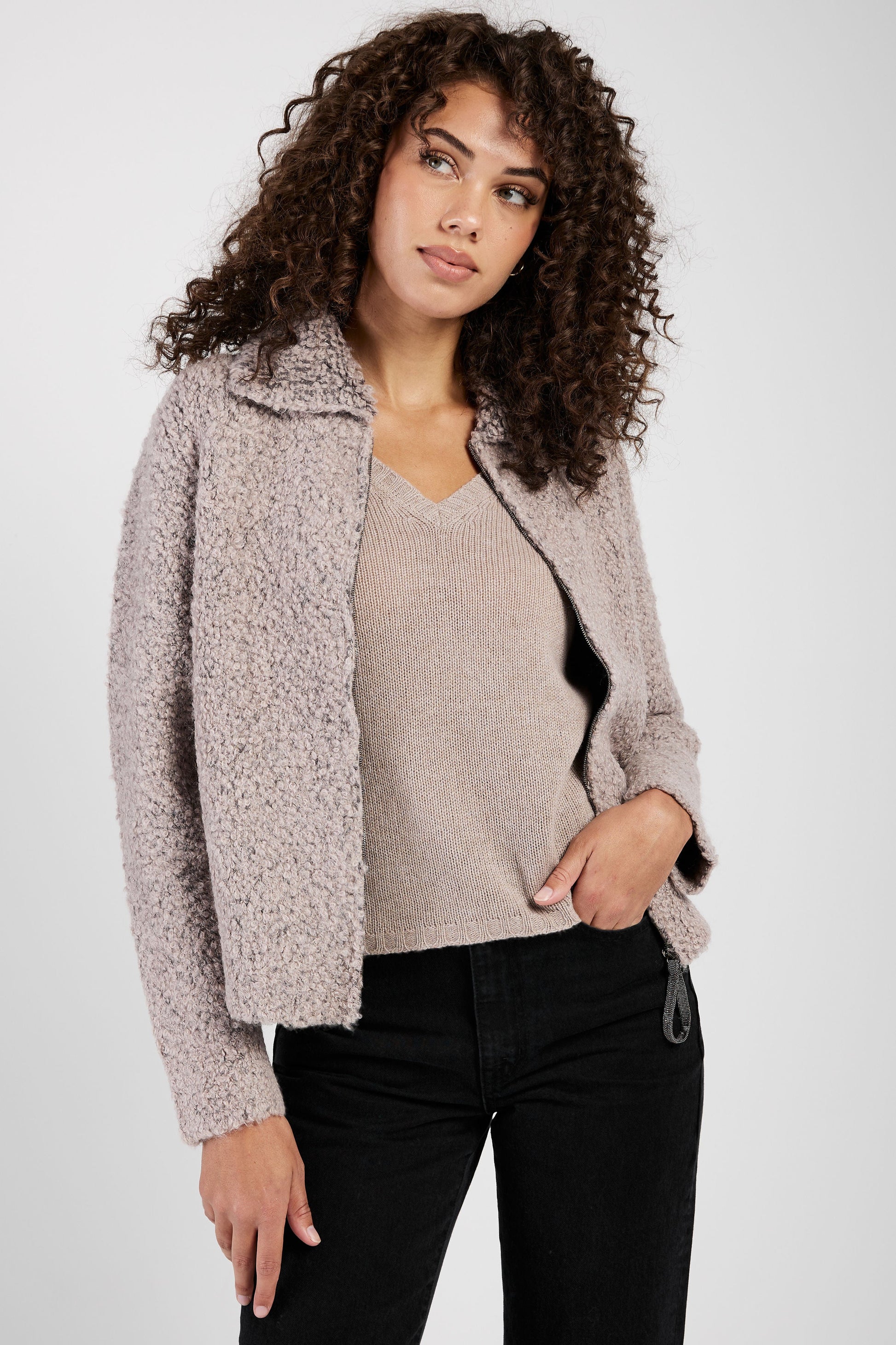 FABIANA FILIPPI Bouclé Bomber Jacket in Nocciola and Pepe