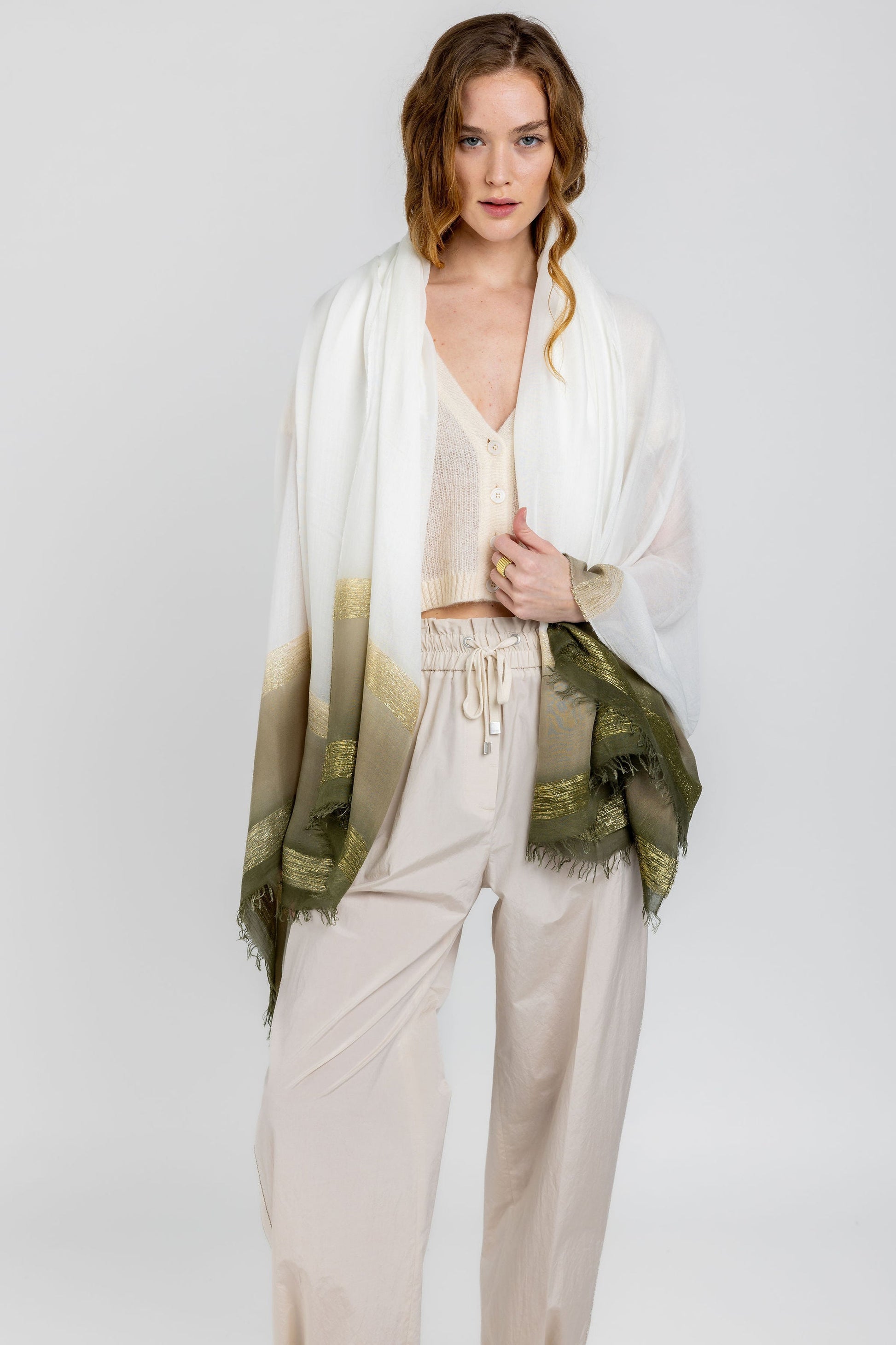 FABIANA FILIPPI Gold Metallic Threaded Scarf in White and Green