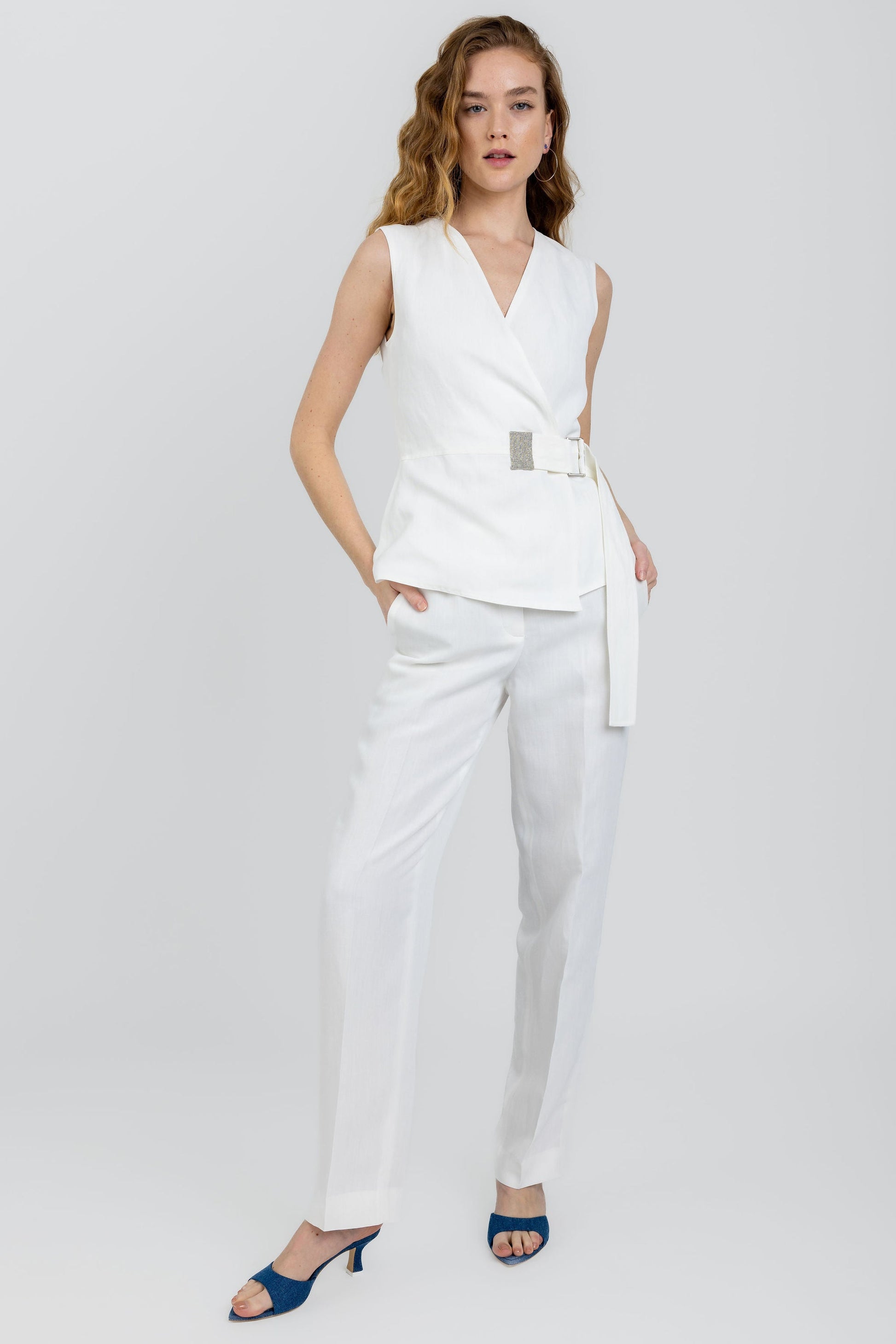 FABIANA FILIPPI Side Tie Linen Viscose Sleeveless Top in Raffia