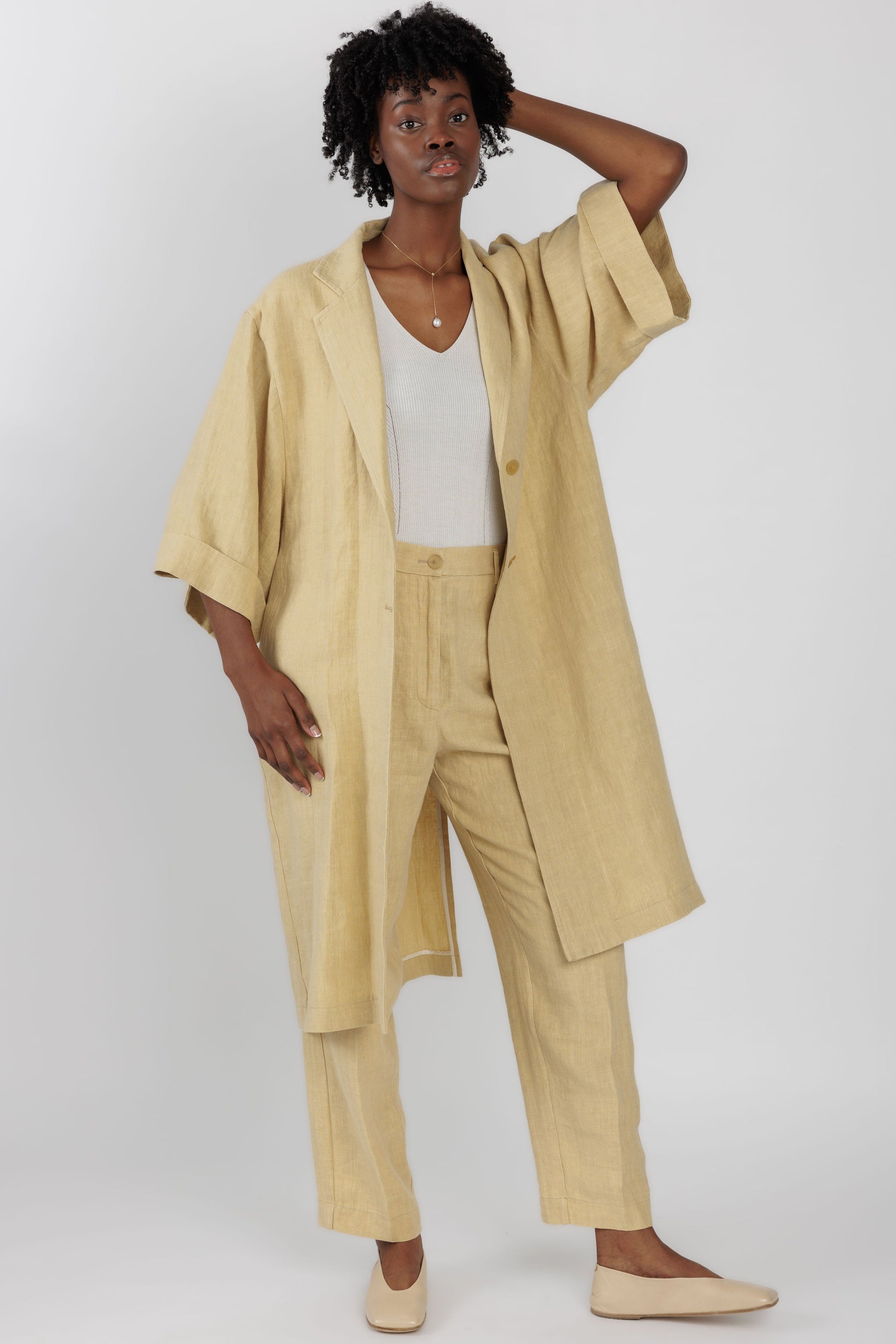 FORTE FORTE Linen Canvas Duster Coat in Gold