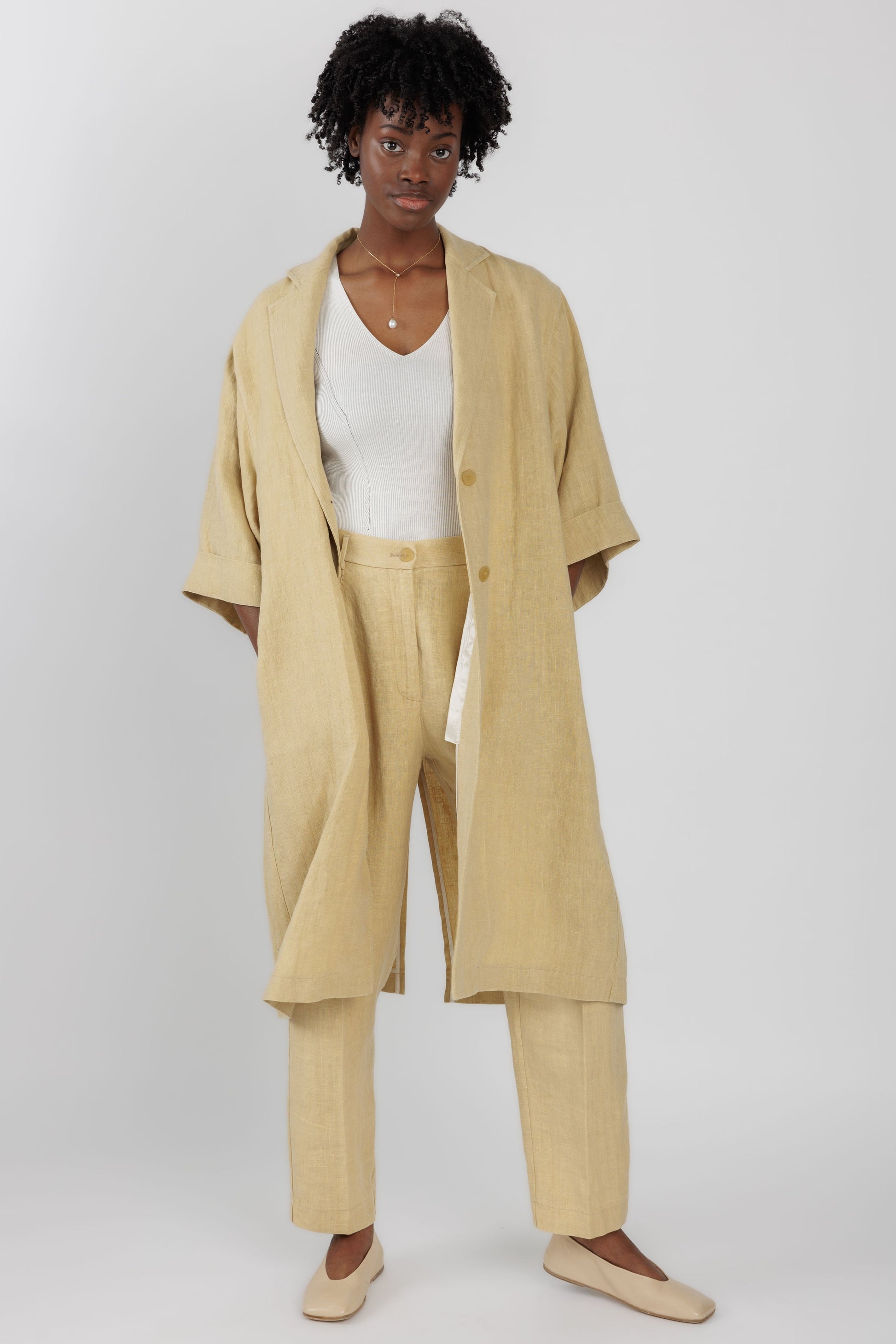 FORTE FORTE Linen Canvas Duster Coat in Gold