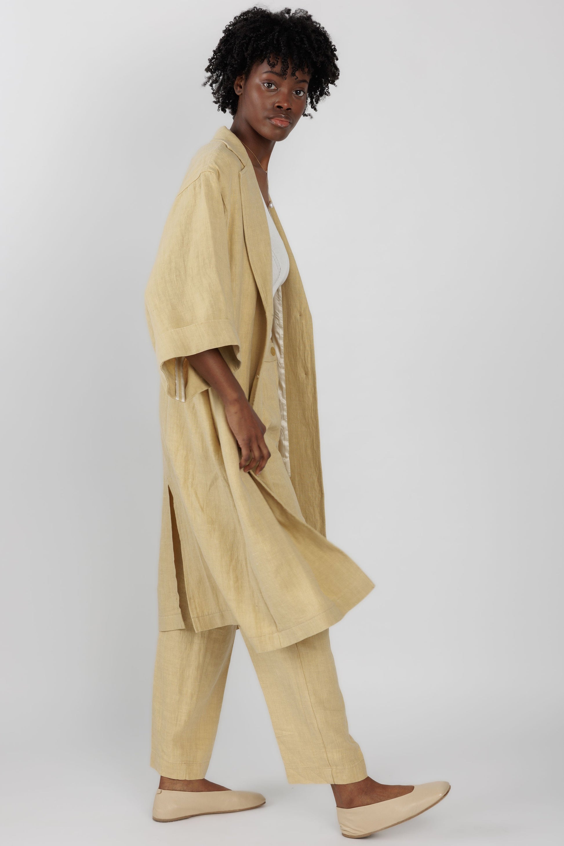 FORTE FORTE Linen Canvas Duster Coat in Gold