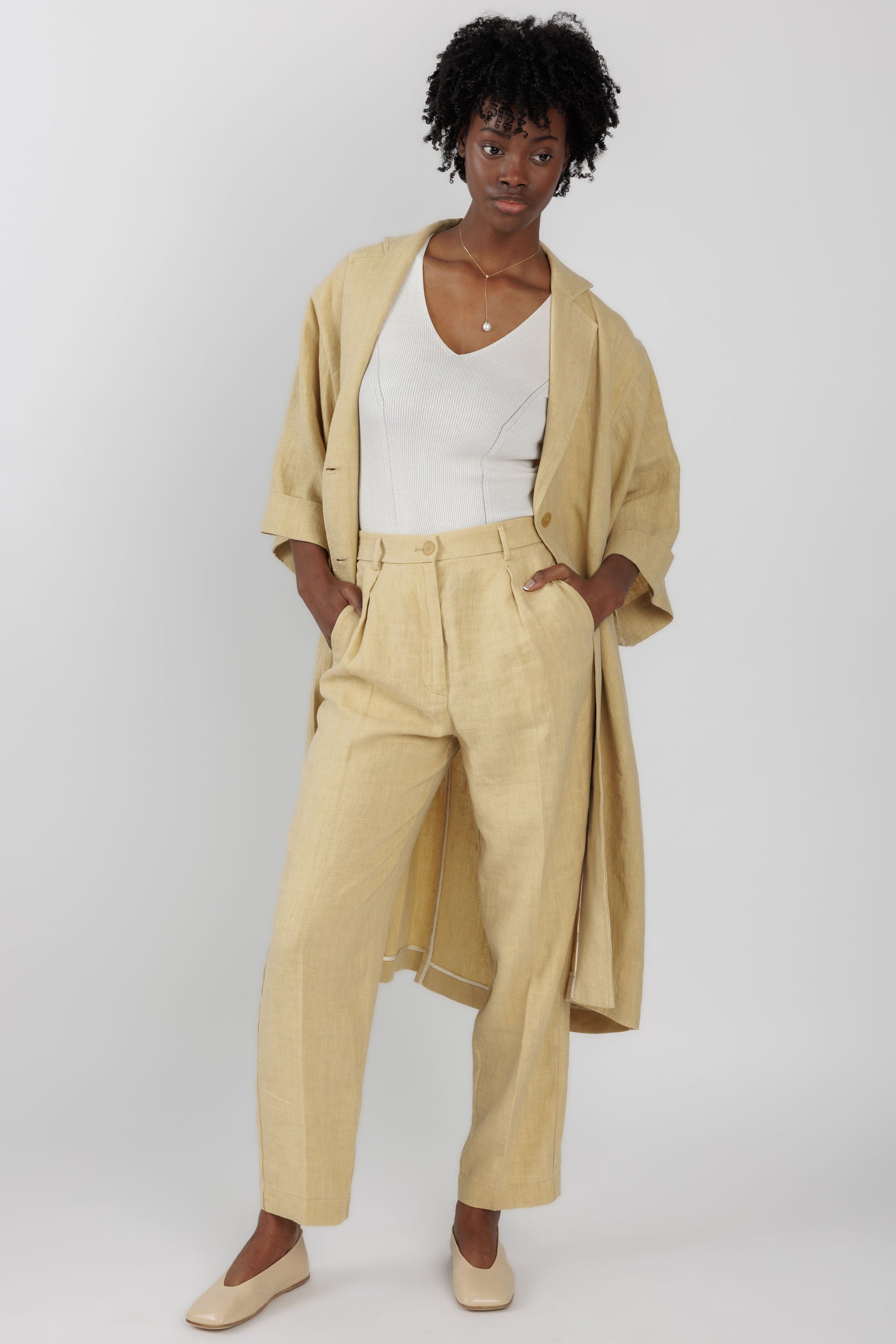 FORTE FORTE Linen Canvas Duster Coat in Gold