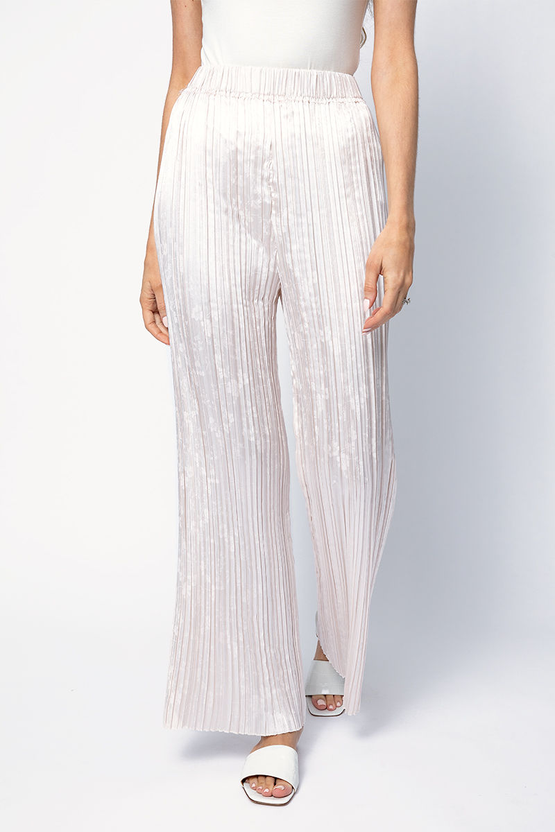 FORTE FORTE Plissé Satin Jacquard Pants in Perla