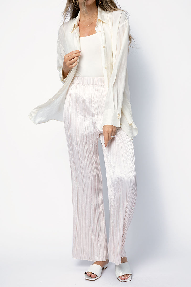 FORTE FORTE Plissé Satin Jacquard Pants in Perla