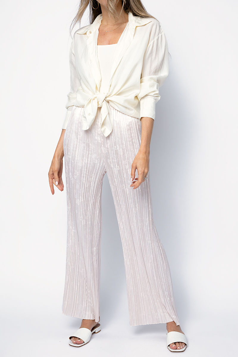 FORTE FORTE Plissé Satin Jacquard Pants in Perla