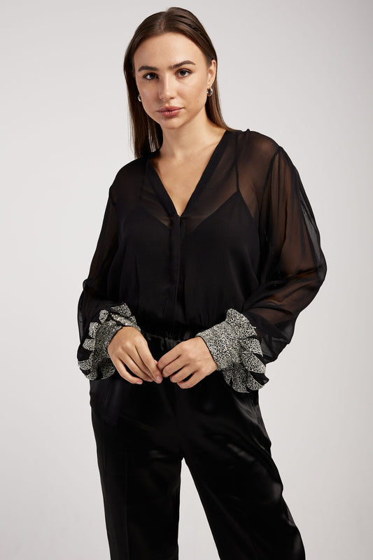 FORTE FORTE 'Enchanted' Embroidery Chic Georgette Shirt in Noir