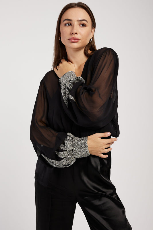 FORTE FORTE 'Enchanted' Embroidery Chic Georgette Shirt in Noir
