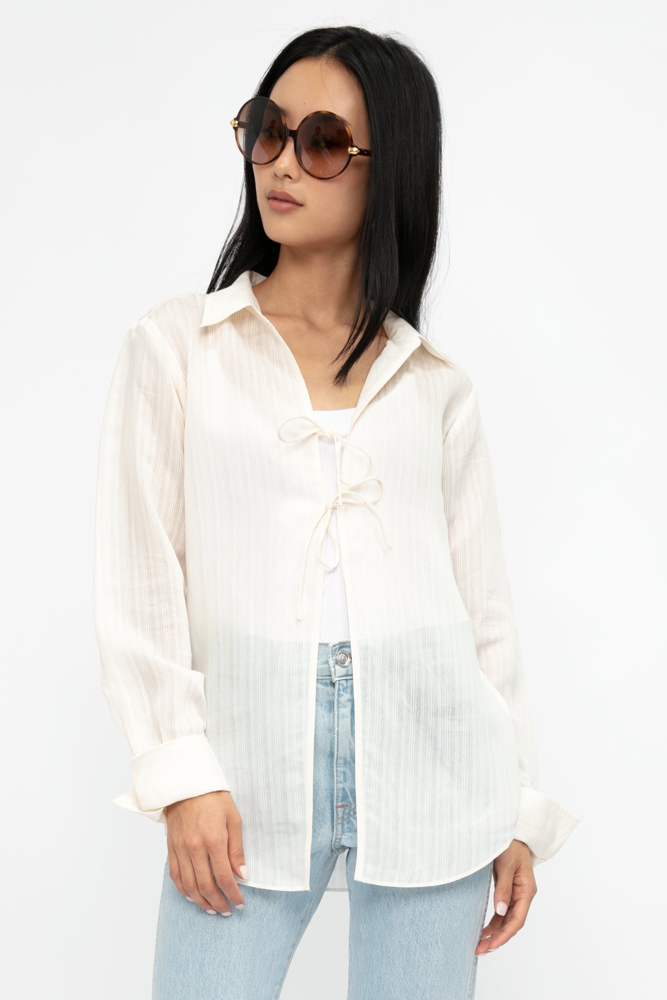 FRAME Tie Front Blouse in Bone