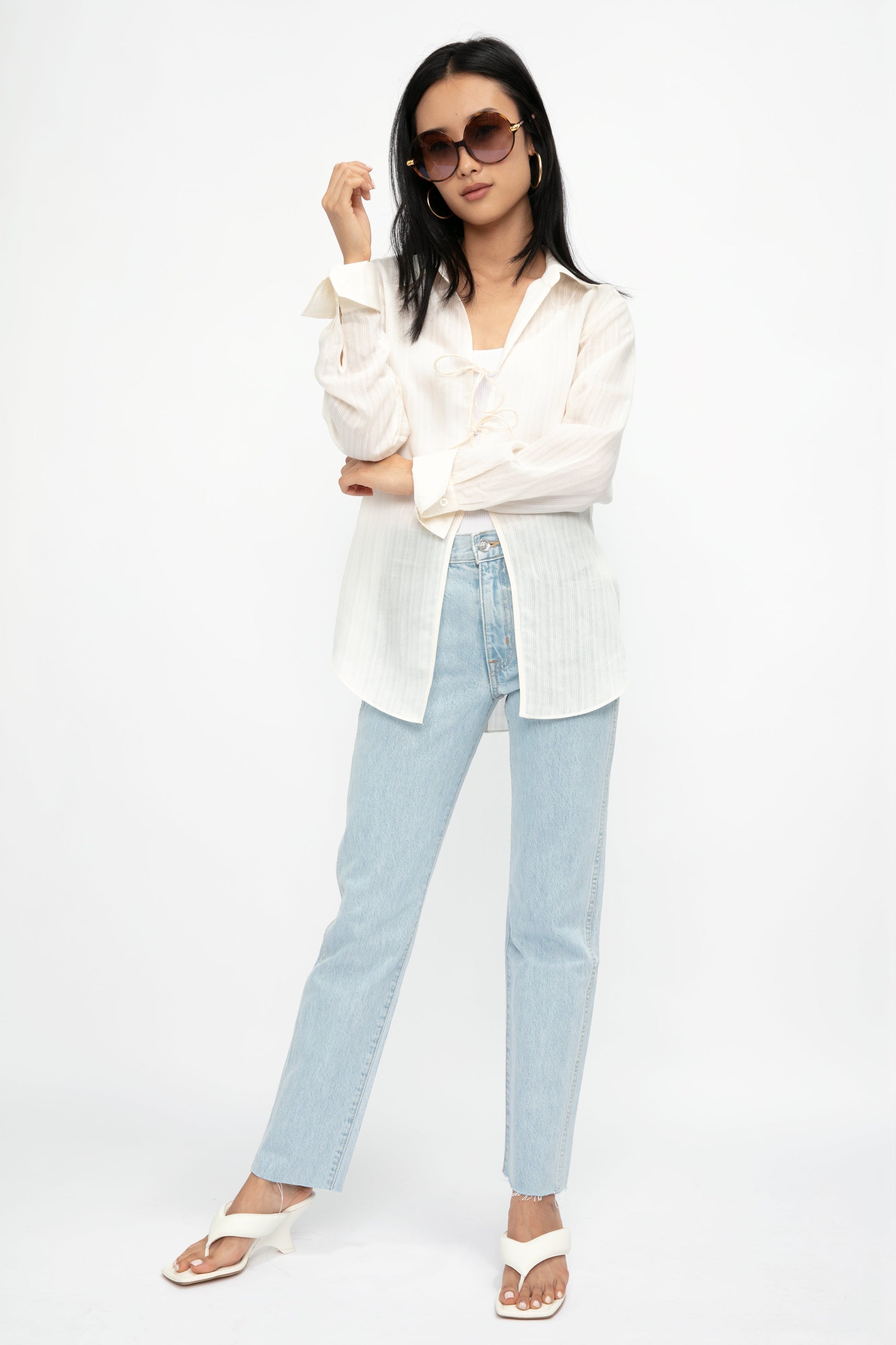 FRAME Tie Front Blouse in Bone