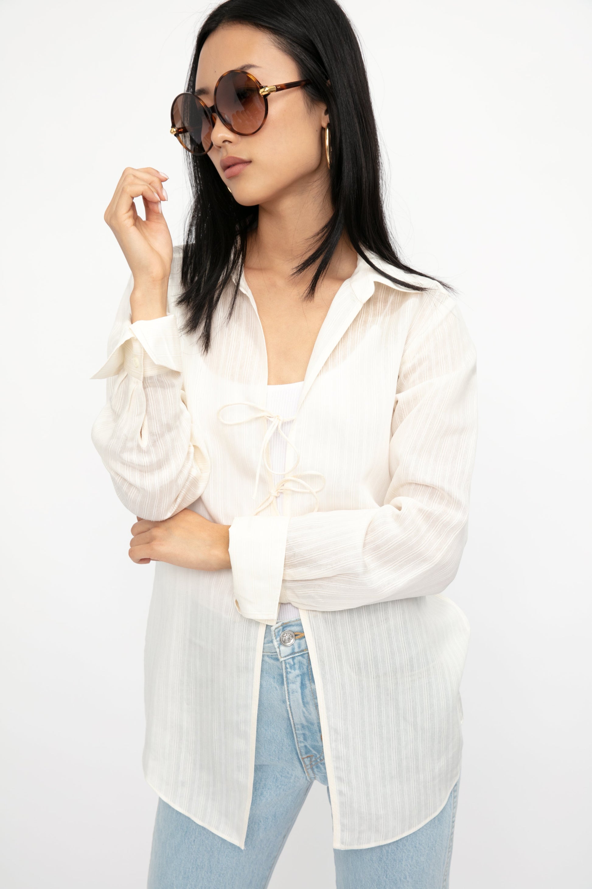 FRAME Tie Front Blouse in Bone