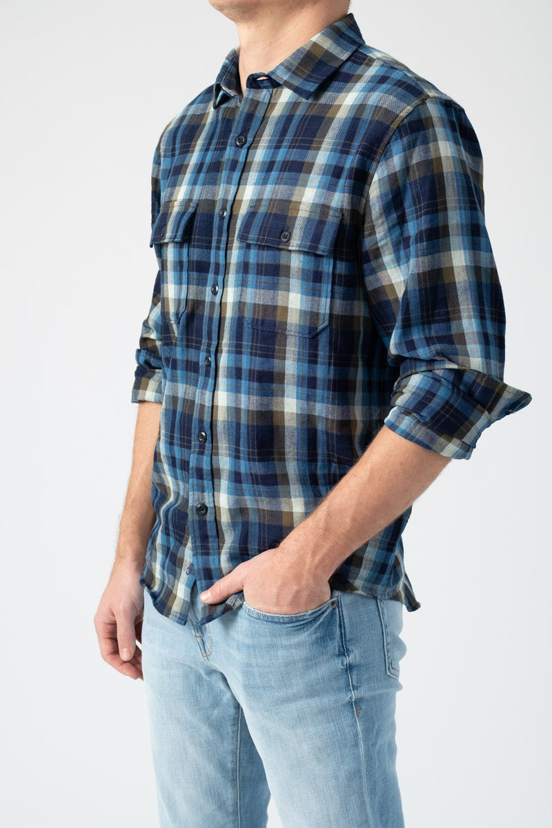 FRAME Long Sleeve Double Pocket Shirt in Pool Blue Multi