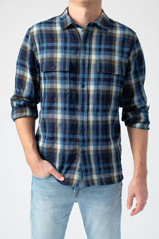 FRAME Long Sleeve Double Pocket Shirt in Pool Blue Multi