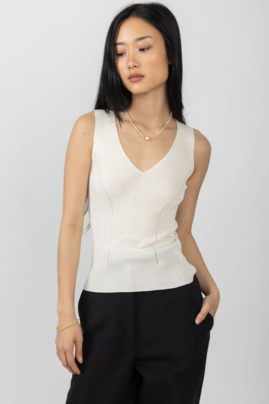 GENTRYPORTOFINO Knit V-Neck Top in Latte
