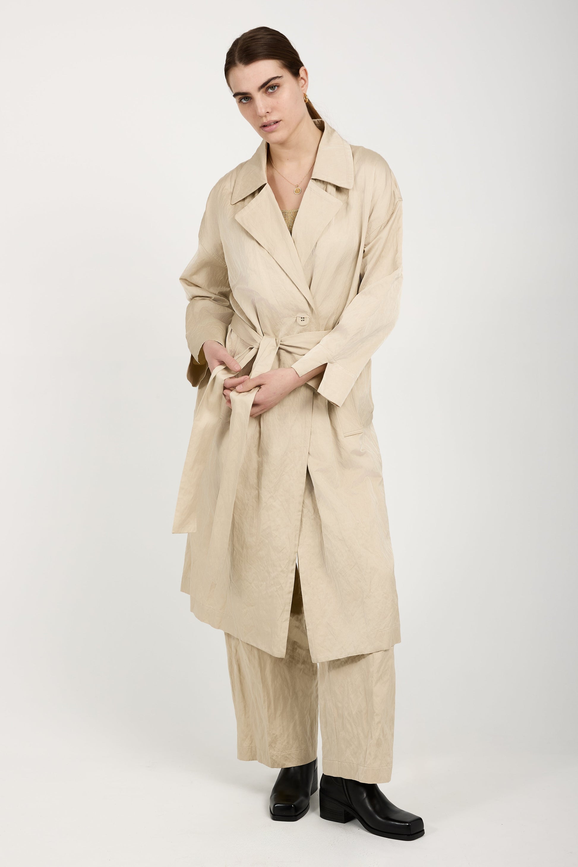 GENTRYPORTOFINO Woven Trench Coat in Beige