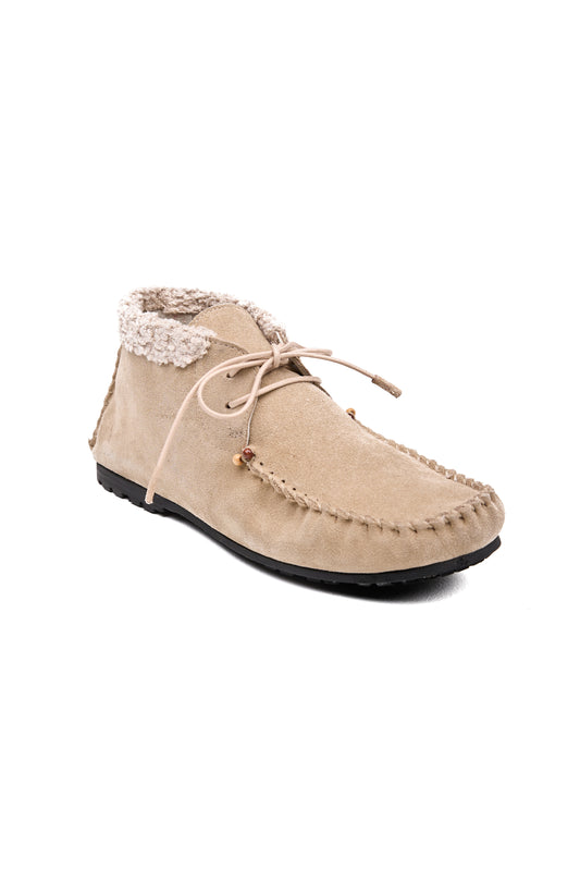 Lace-up Camoscio Leather Moccasin Shoe in Beige