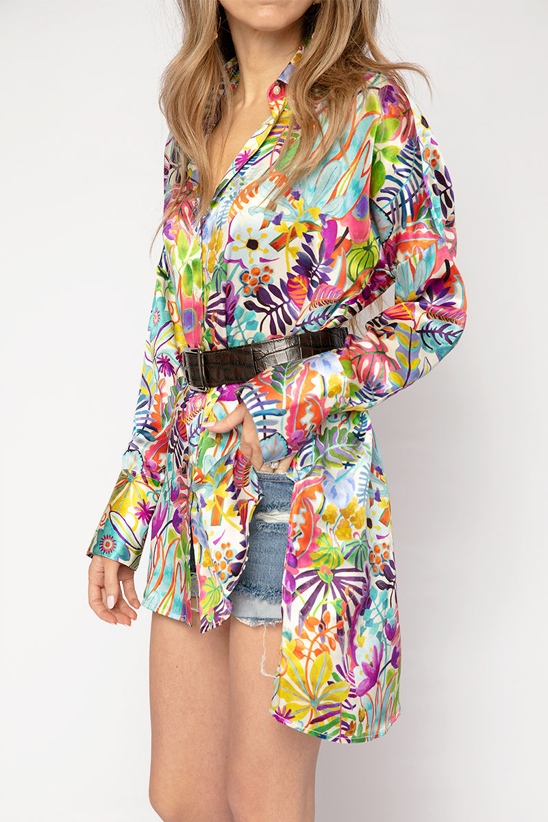HENRY BEGUELIN Long Silk Shirt Fiori Jungle in Bianco