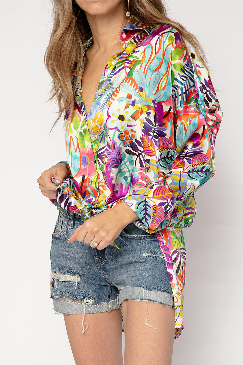 HENRY BEGUELIN Long Silk Shirt Fiori Jungle in Bianco