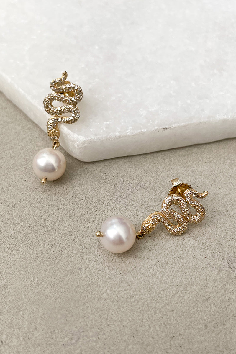 L.A. Stein Diamond Snake White Semi Baroque Pearl Drops in Yellow Gold