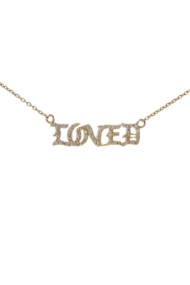 Diamond Studded Gothic LOVED Necklace in Yellow Gold