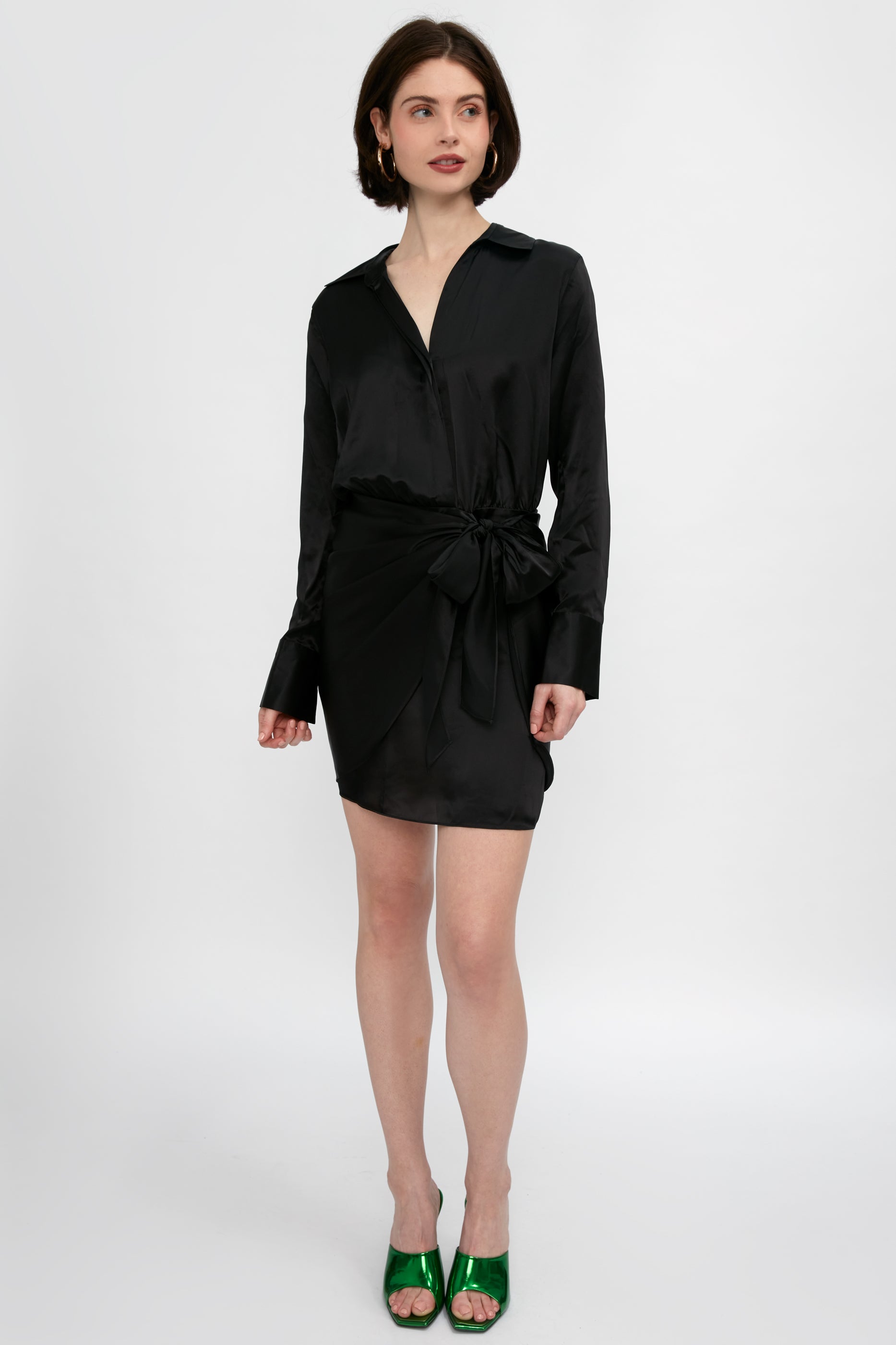 L'AGENCE Atlas Silk Satin Wrap Effect Dress in Black