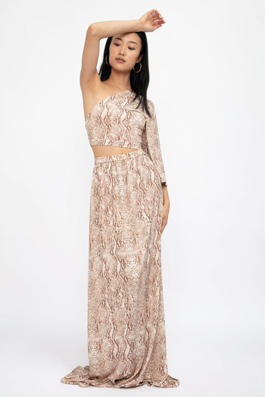 L'AGENCE Fontana One Shoulder Dress in Neutral Multi Cobra