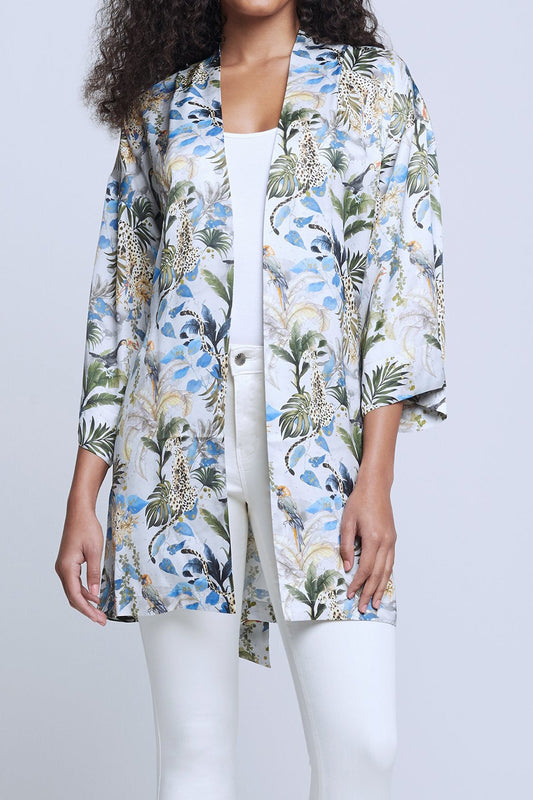 L'AGENCE Hayden Kimono Jacket in Grey Green Animal Palm