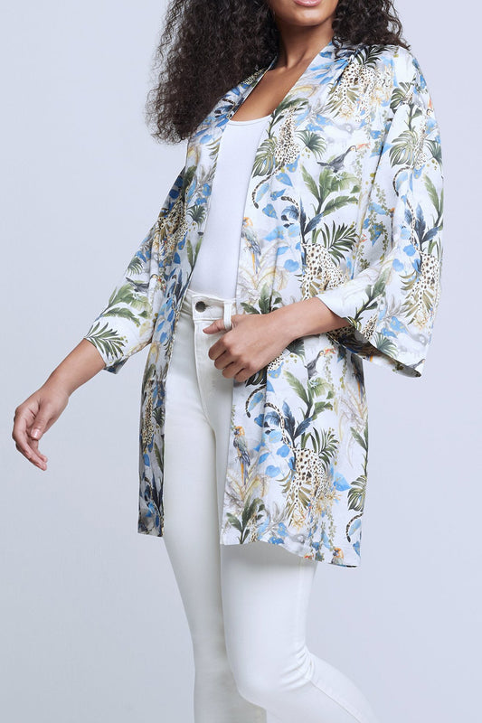 L'AGENCE Hayden Kimono Jacket in Grey Green Animal Palm