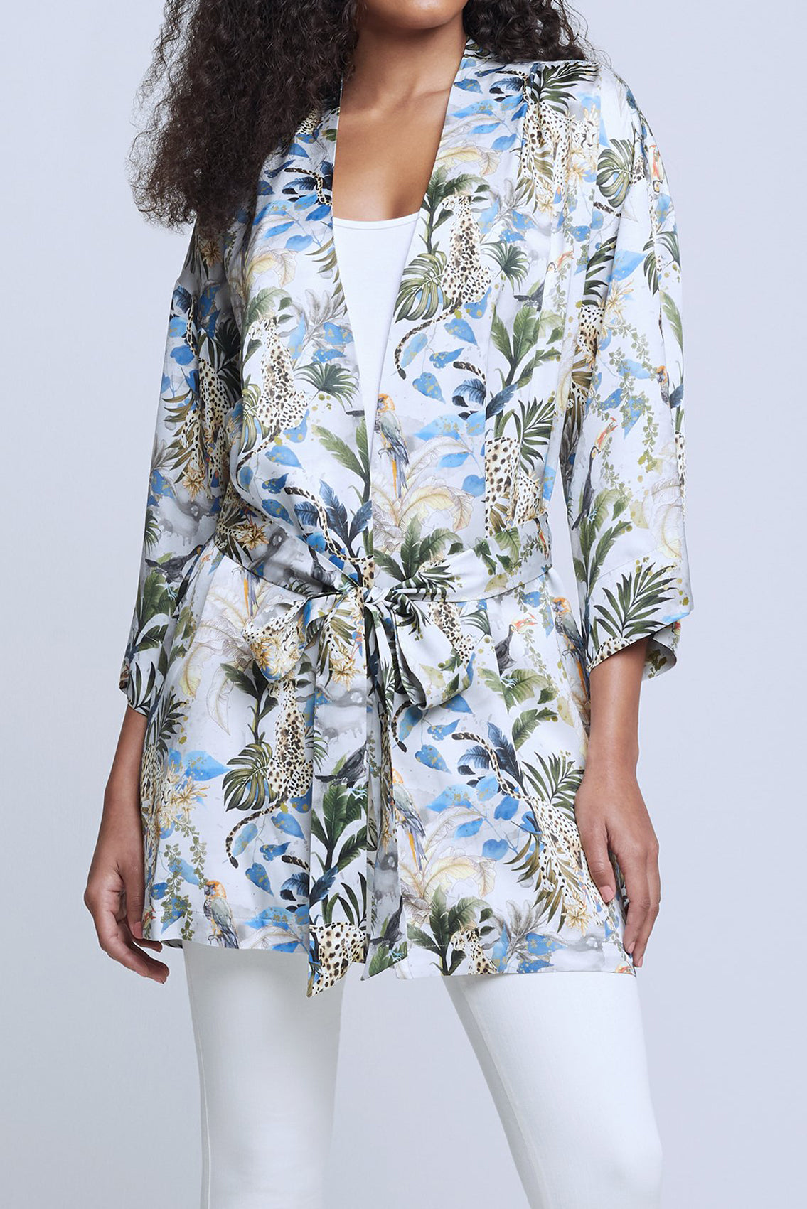 L'AGENCE Hayden Kimono Jacket in Grey Green Animal Palm