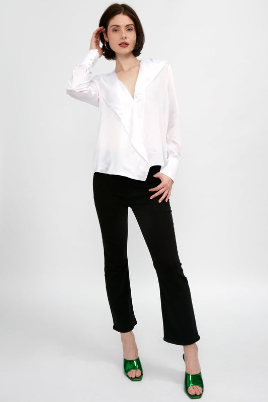 L'AGENCE Jaslynn Silk Open Collar Blouse in White