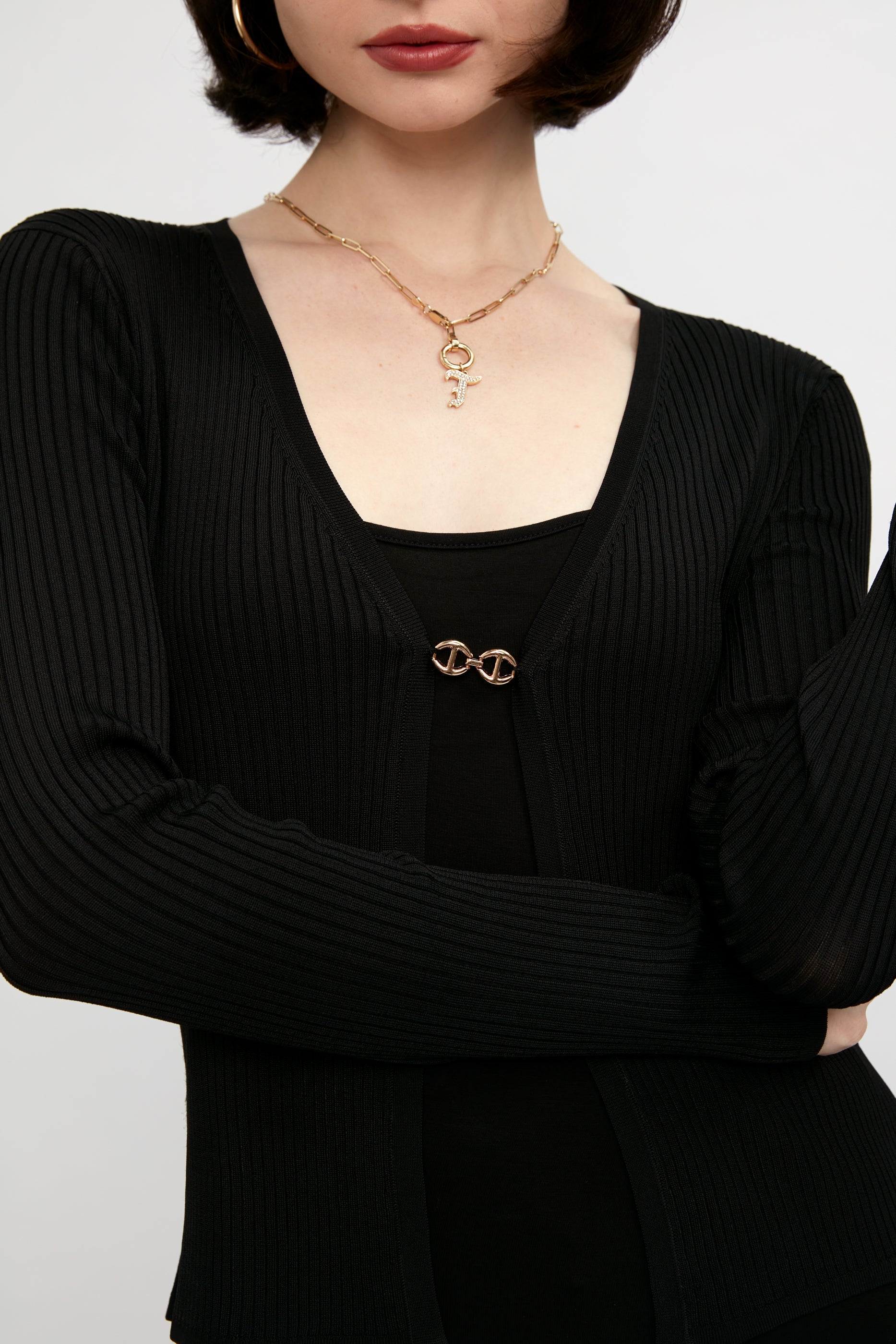 L'AGENCE Juno Cardigan with Chain Detail in Black