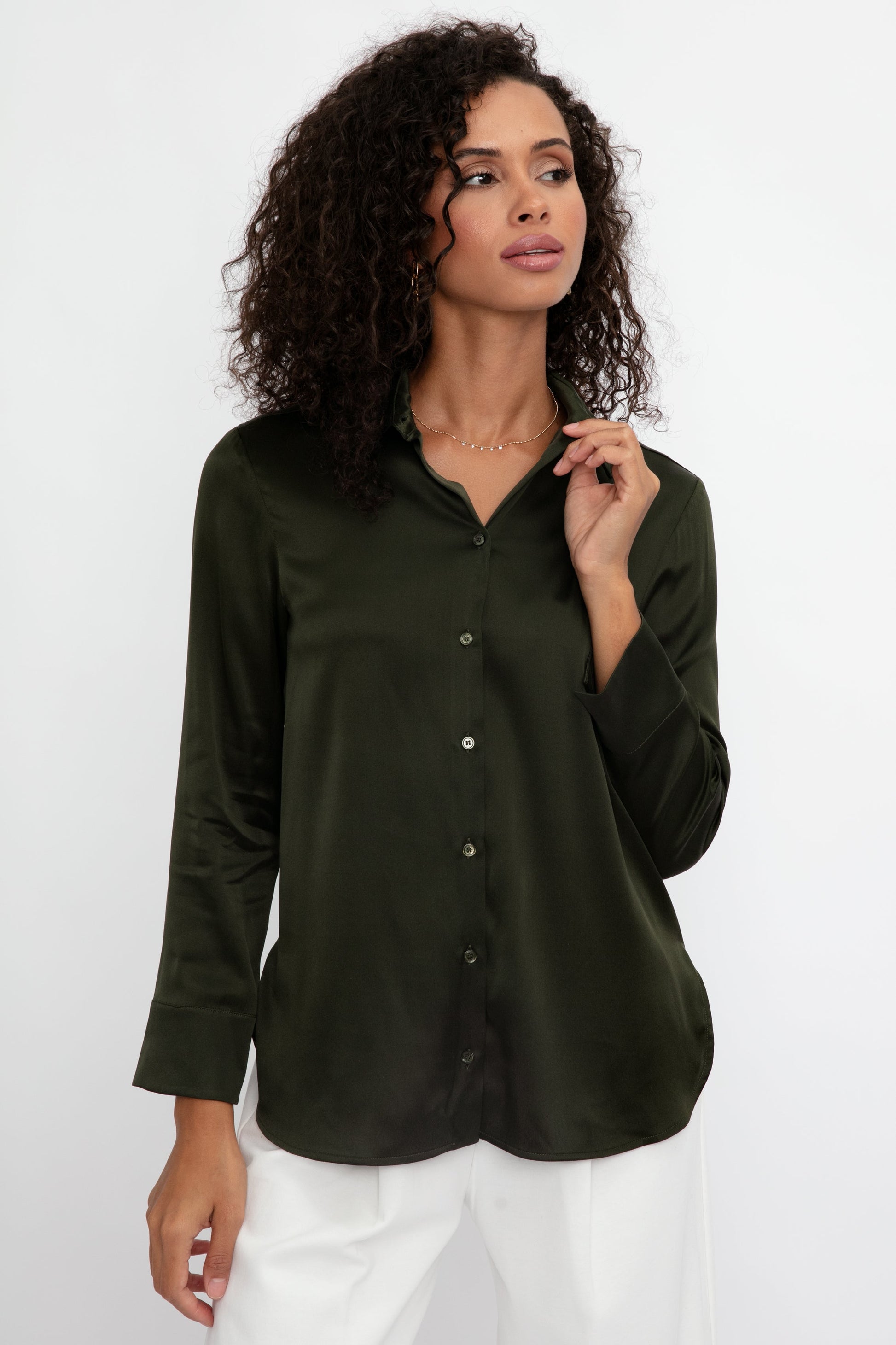 MAX MARA LEISURE Giudea Silk Satin Blouse in Dark Olive