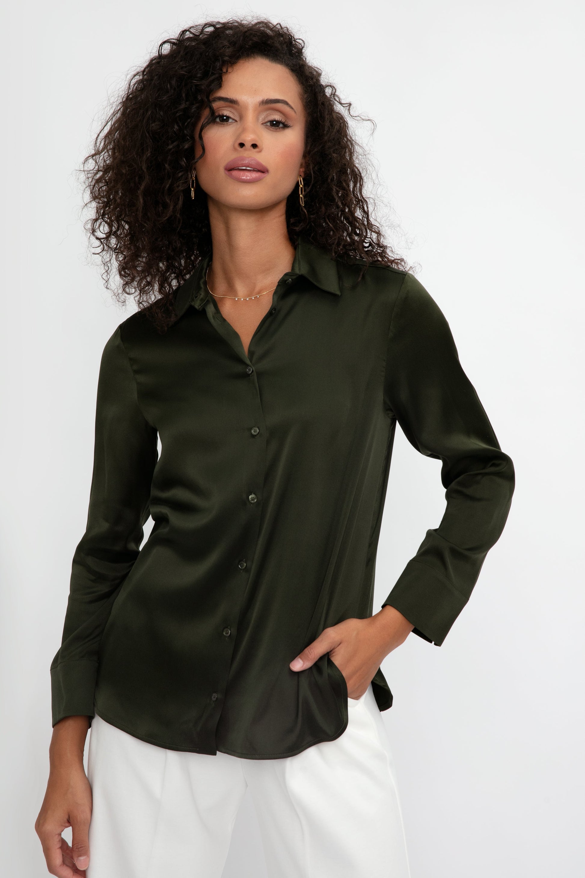 MAX MARA LEISURE Giudea Silk Satin Blouse in Dark Olive