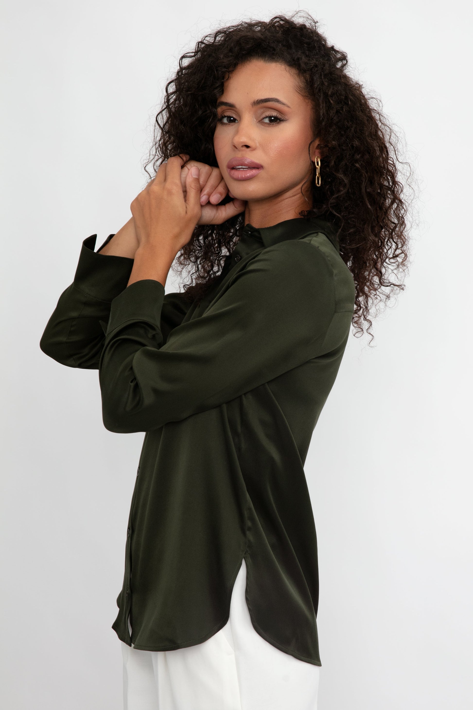 MAX MARA LEISURE Giudea Silk Satin Blouse in Dark Olive