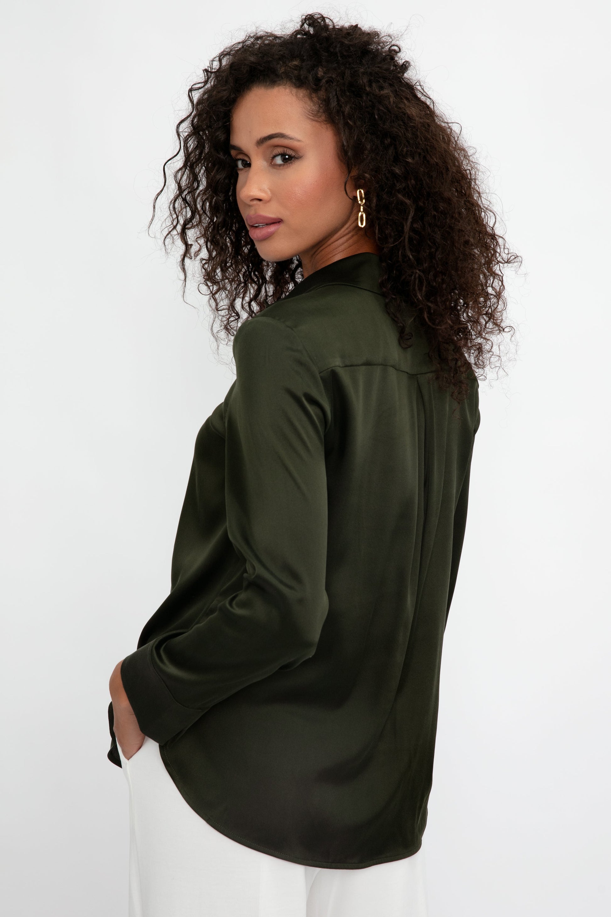MAX MARA LEISURE Giudea Silk Satin Blouse in Dark Olive