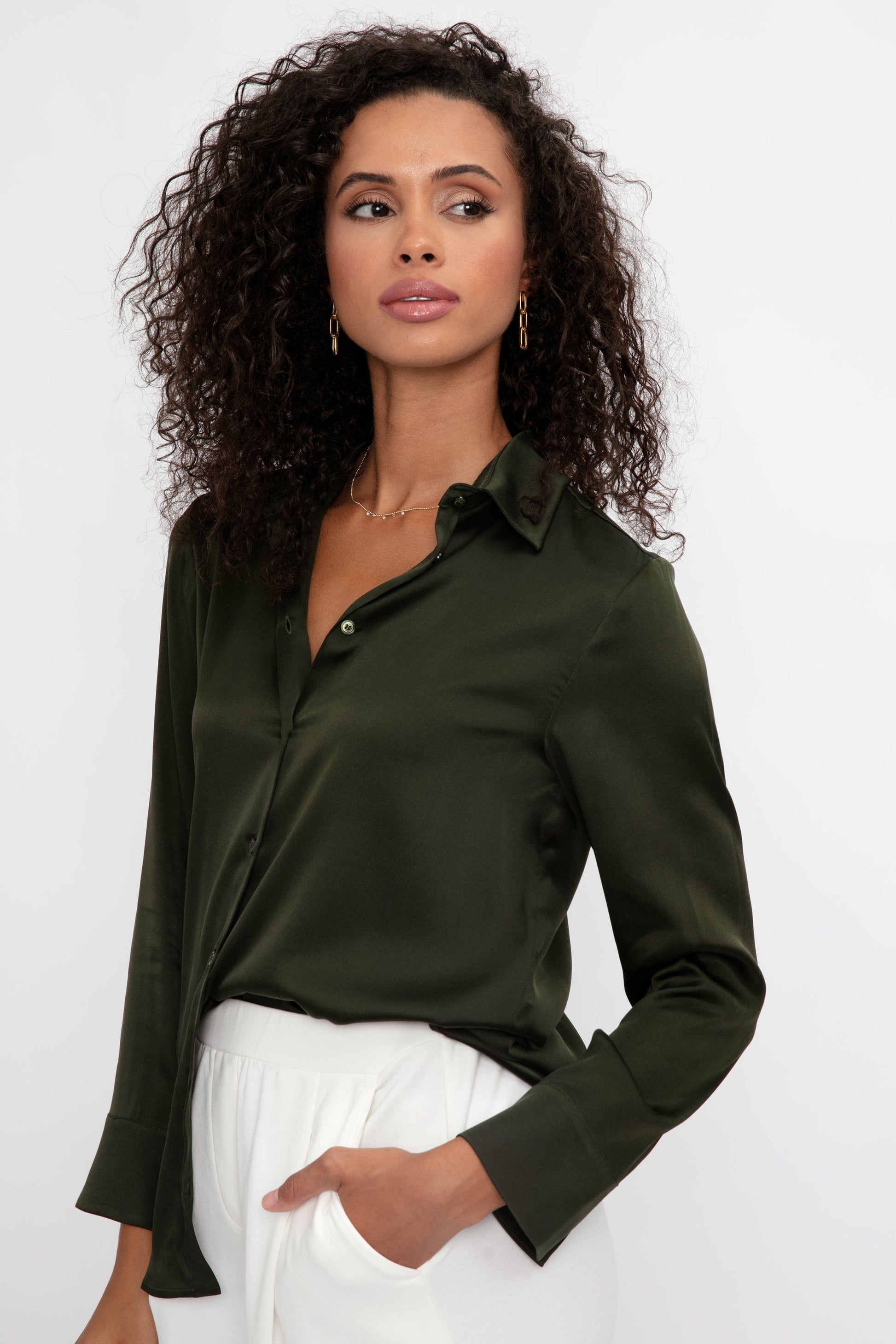 MAX MARA LEISURE Giudea Silk Satin Blouse in Dark Olive