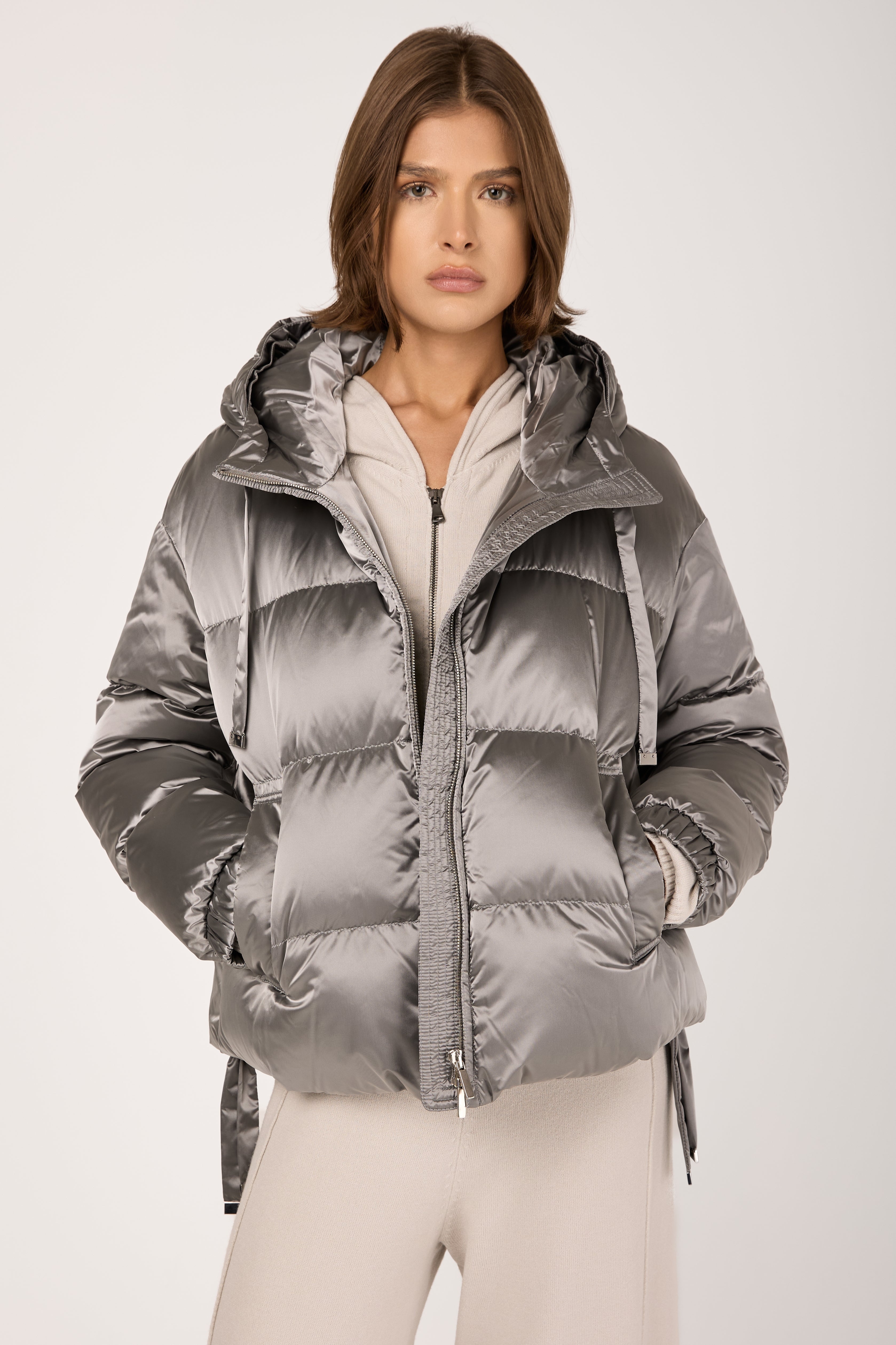 Crochet Puffer Jacket in Pale Silver