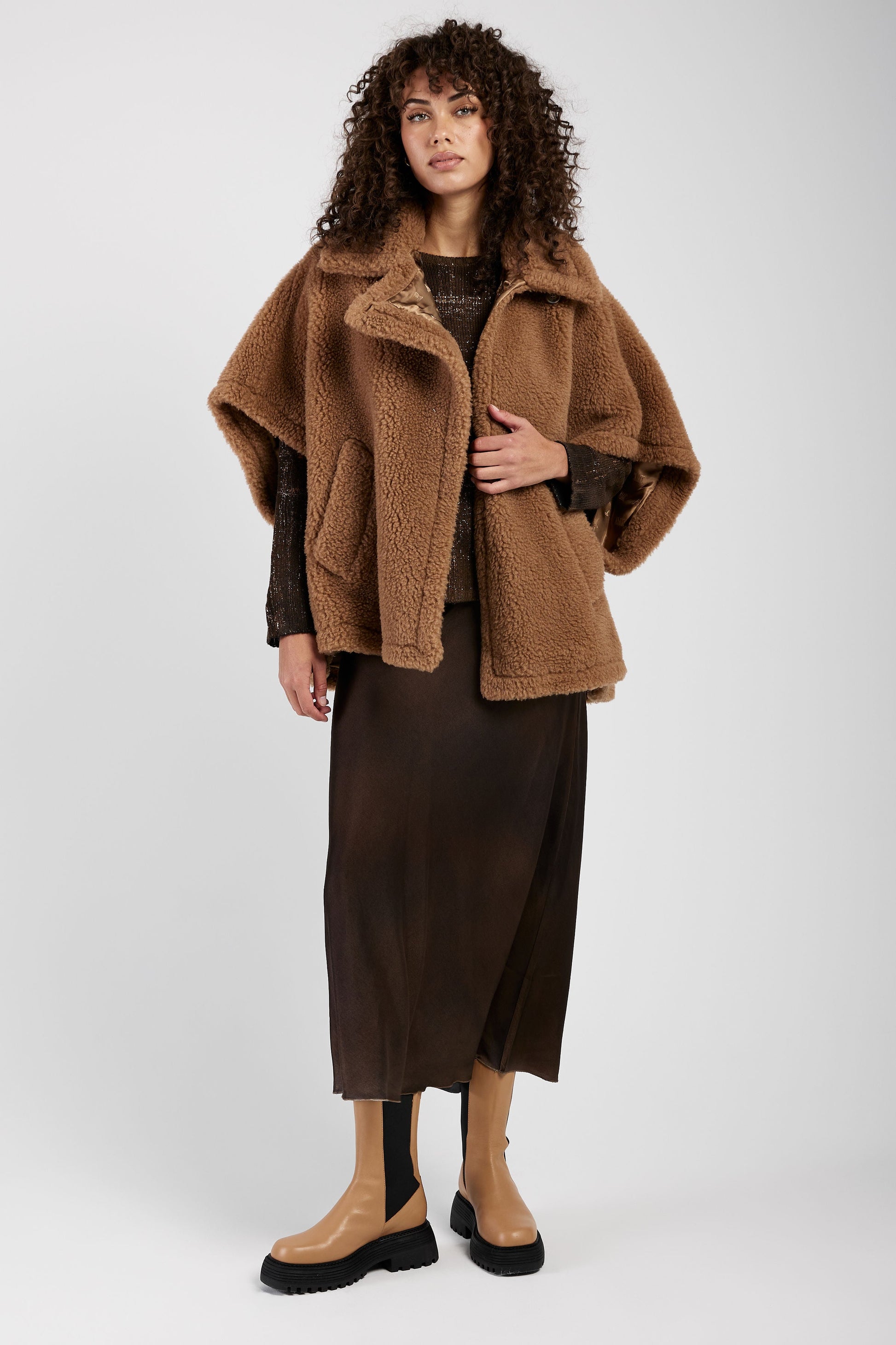 MAX MARA Tebe Teddy Cape Wrap Poncho in Camel