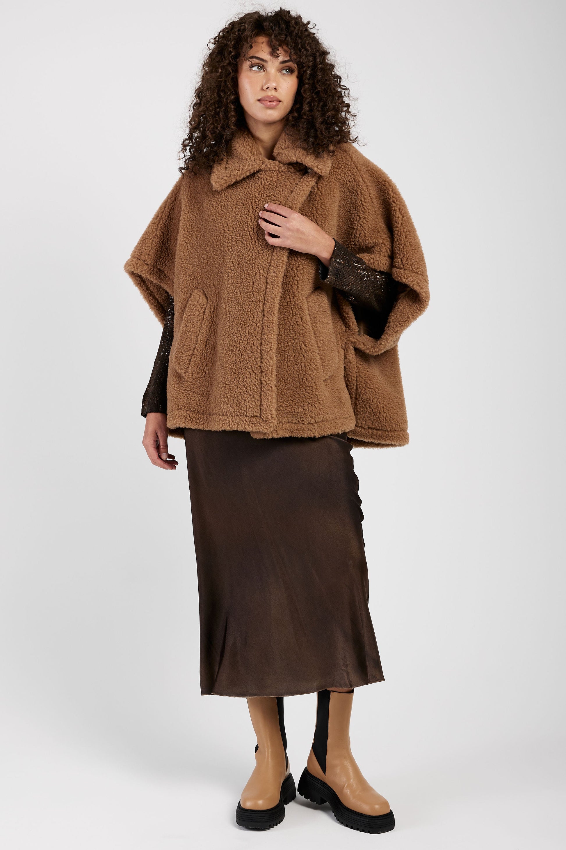MAX MARA Tebe Teddy Cape Wrap Poncho in Camel