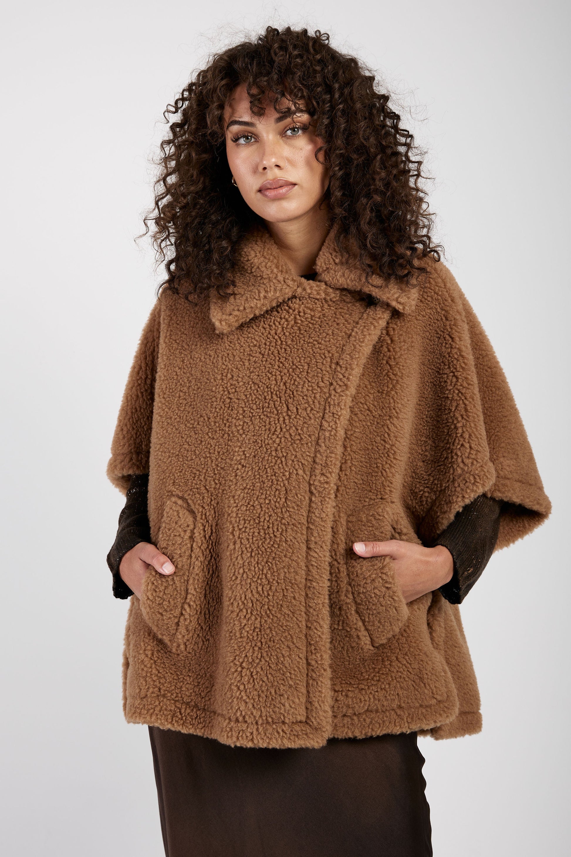 MAX MARA Tebe Teddy Cape Wrap Poncho in Camel